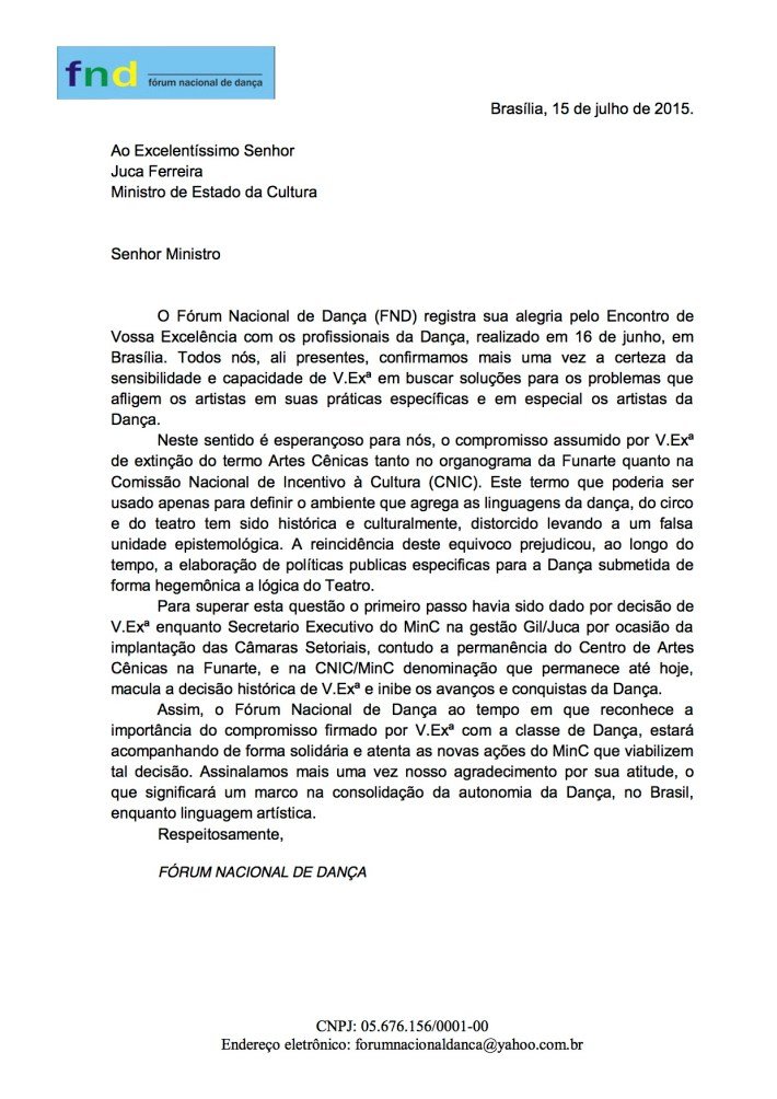 Fórum Nacional de Dança relembra compromisso do Ministro com a classe.